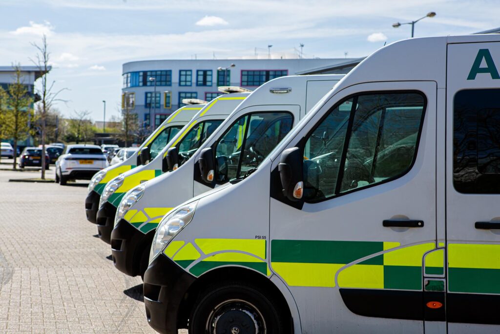 Row of emergency ambulance