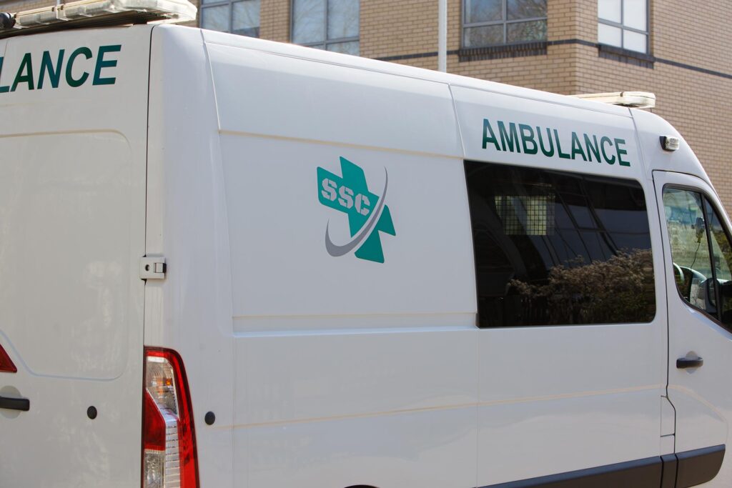 Side view of emergency ambulance vehicle